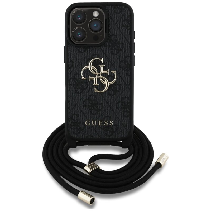 Husa originala Guess iPhone 16 Pro Max Hardcase 4G Big Logo with Cord Strap, negru, GUHCP16XP4GMGCRK