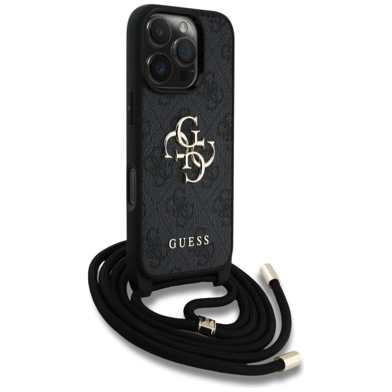 Husa originala Guess iPhone 16 Pro Max Hardcase 4G Big Logo with Cord Strap, negru, GUHCP16XP4GMGCRK