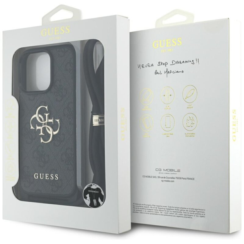 Husa originala Guess iPhone 16 Pro Hardcase 4G Big Logo with Cord Strap, negru, GUHCP16LP4GMGCRK