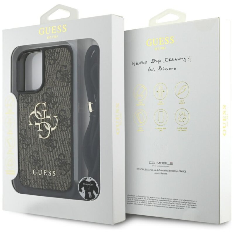 Husa originala Guess iPhone 16 Plus Hardcase 4G Big Logo with Cord Strap, maro, GUHCP16MP4GMGCRW