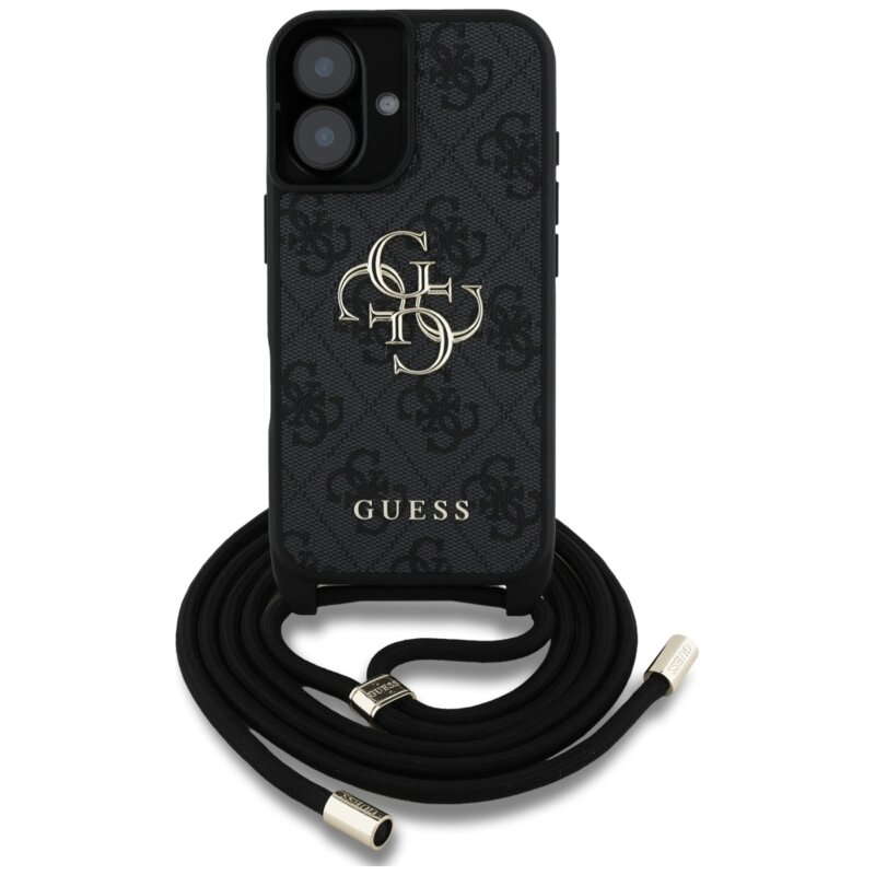 Husa originala Guess iPhone 16 Plus Hardcase 4G Big Logo with Cord Strap, negru, GUHCP16MP4GMGCRK