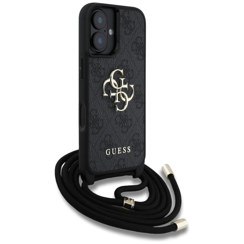Husa originala Guess iPhone 16 Plus Hardcase 4G Big Logo with Cord Strap, negru, GUHCP16MP4GMGCRK