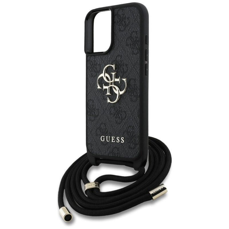 Husa originala Guess iPhone 16 Plus Hardcase 4G Big Logo with Cord Strap, negru, GUHCP16MP4GMGCRK