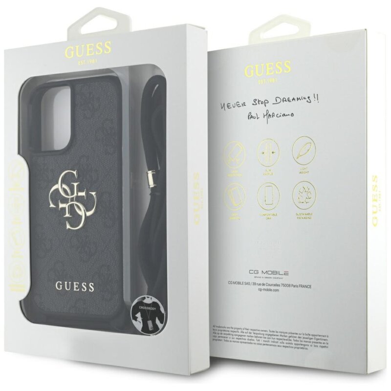 Husa originala Guess iPhone 16 Plus Hardcase 4G Big Logo with Cord Strap, negru, GUHCP16MP4GMGCRK