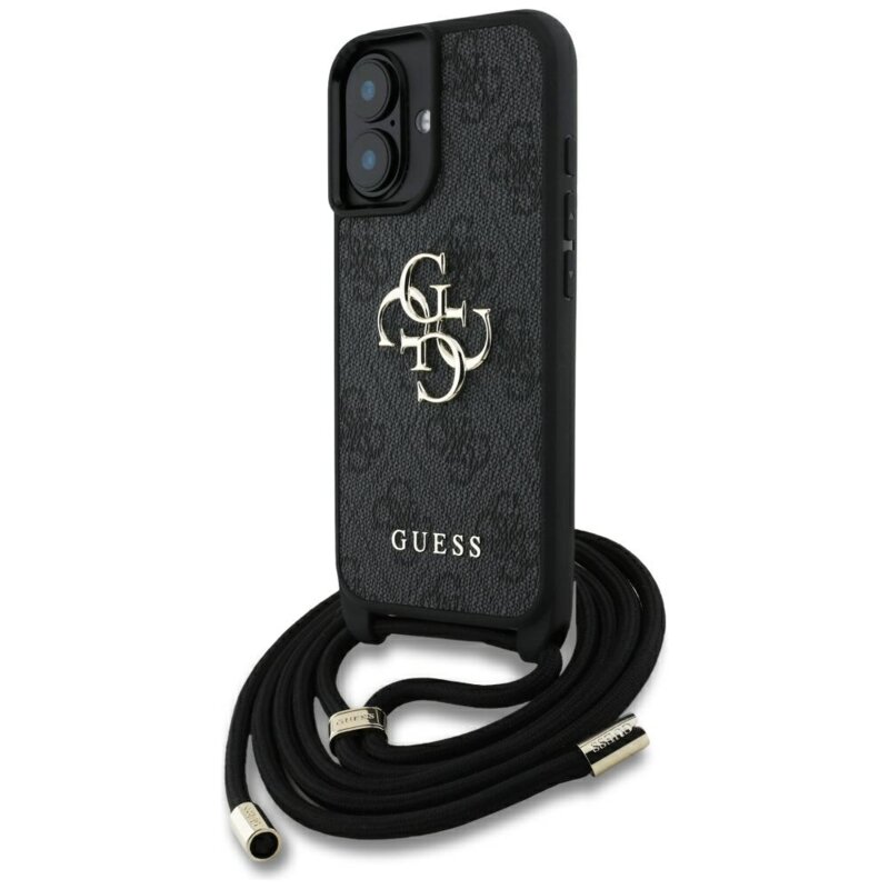 Husa originala Guess iPhone 16 Hardcase 4G Big Logo with Cord Strap, negru, GUHCP16SP4GMGCRK