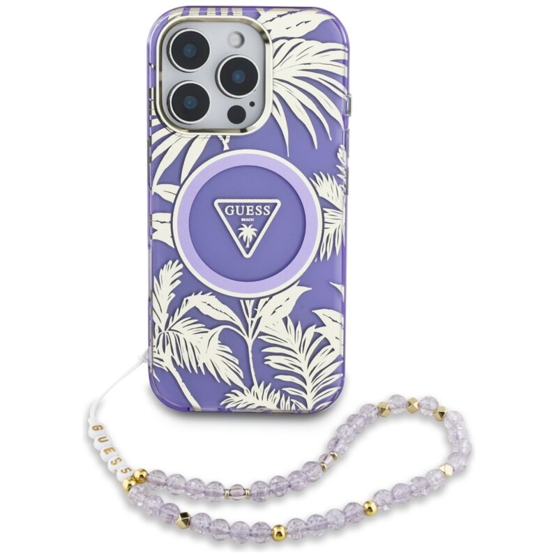 Husa iPhone 16 Pro Max originala Guess IML Palm Trees Triangle with Pearl Strap MagSafe, mov, GUHMP16XHPCTPLSU