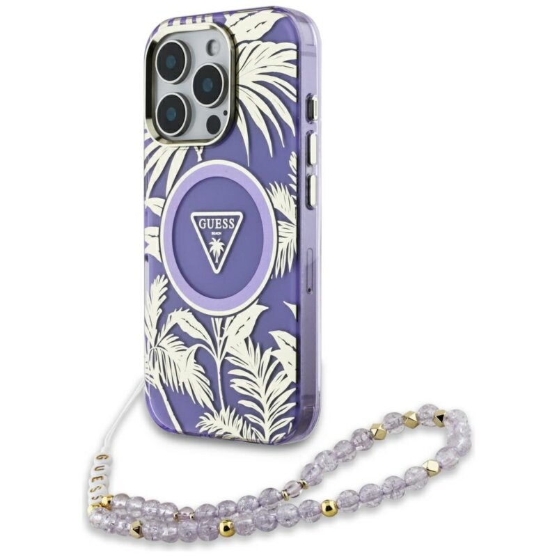Husa iPhone 16 Pro Max originala Guess IML Palm Trees Triangle with Pearl Strap MagSafe, mov, GUHMP16XHPCTPLSU