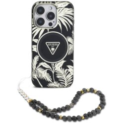 Husa iPhone 16 Pro Max originala Guess IML Palm Trees Triangle with Pearl Strap MagSafe, negru, GUHMP16XHPCTPLSK