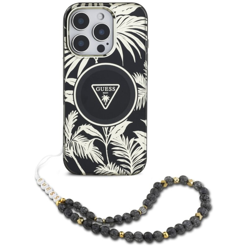 Husa iPhone 16 Pro Max originala Guess IML Palm Trees Triangle with Pearl Strap MagSafe, negru, GUHMP16XHPCTPLSK