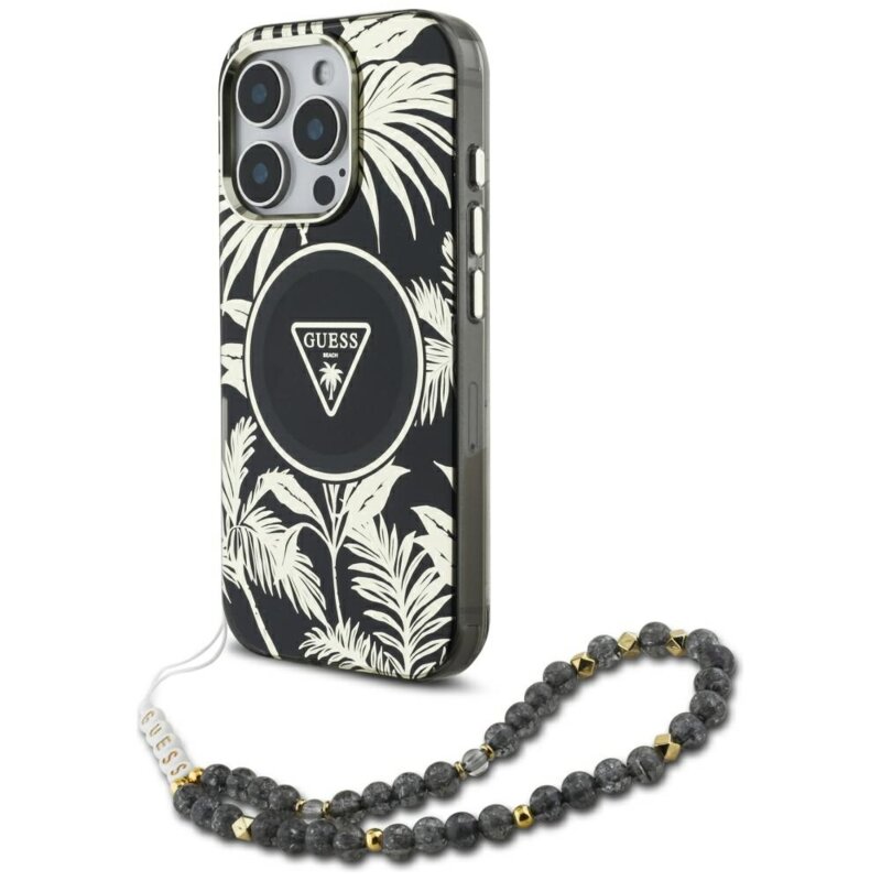 Husa iPhone 16 Pro Max originala Guess IML Palm Trees Triangle with Pearl Strap MagSafe, negru, GUHMP16XHPCTPLSK