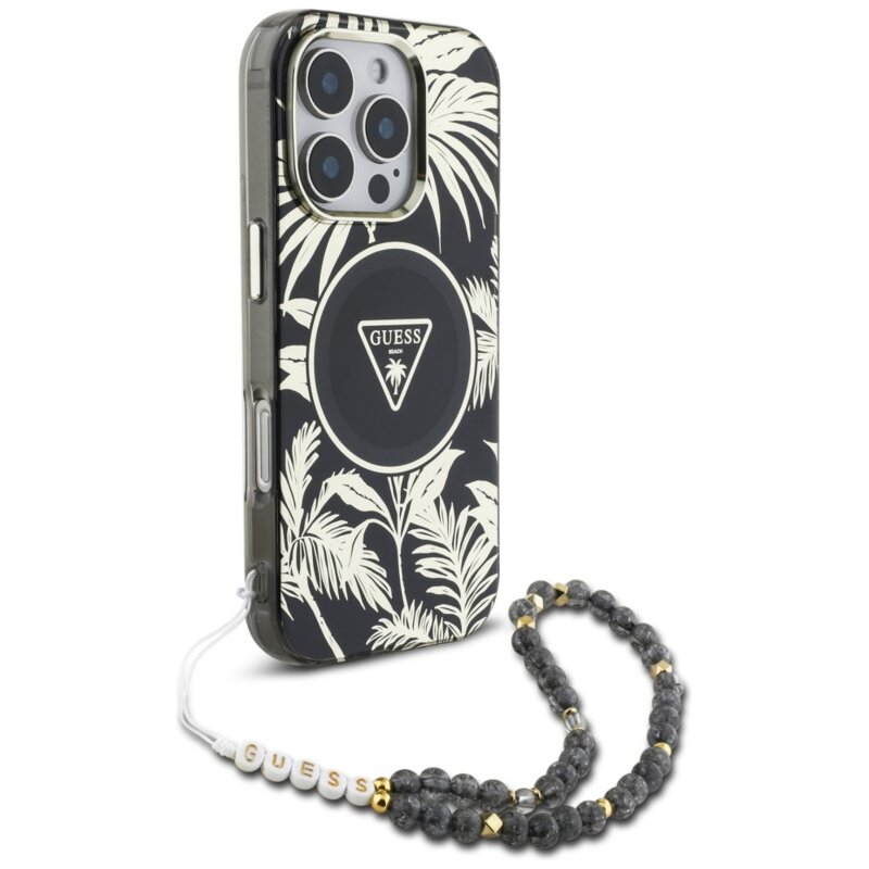 Husa iPhone 16 Pro originala Guess IML Palm Trees Triangle with Pearl Strap MagSafe, negru, GUHMP16LHPCTPLSK