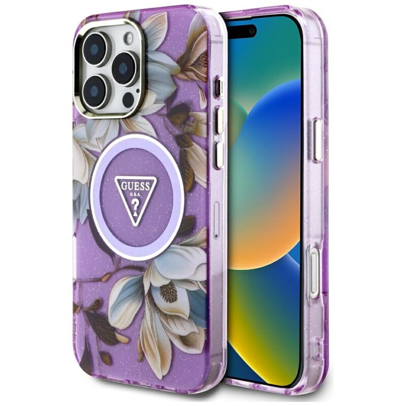 Husa iPhone 16 Pro Max originala Guess IML Metal Glitter Flowers Triangle MagSafe, mov, GUHMP16XHFLPEDU