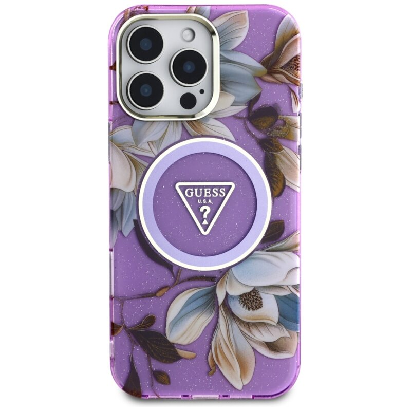 Husa iPhone 16 Pro Max originala Guess IML Metal Glitter Flowers Triangle MagSafe, mov, GUHMP16XHFLPEDU