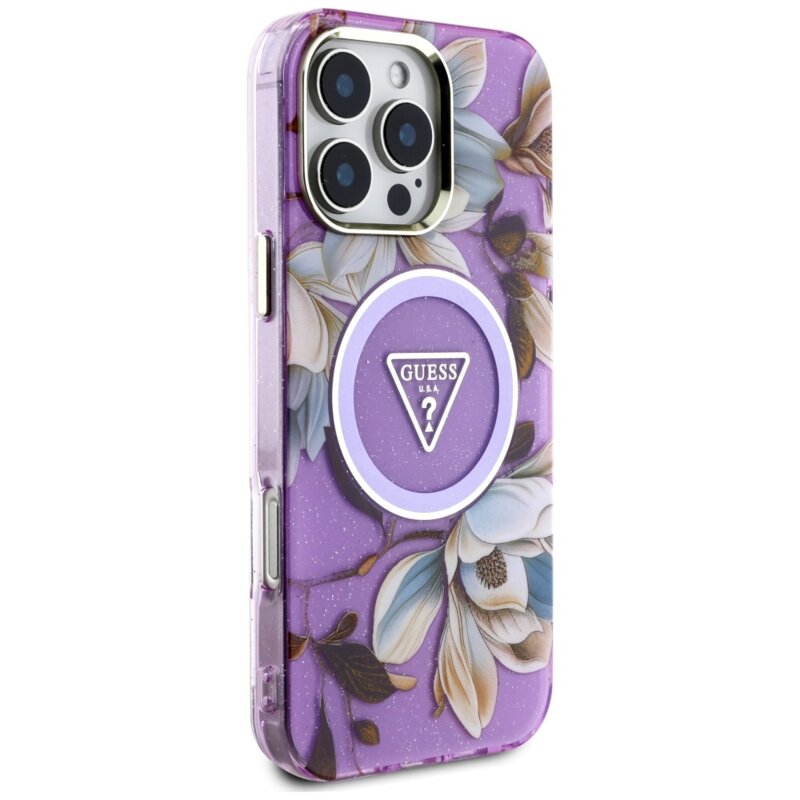 Husa iPhone 16 Pro Max originala Guess IML Metal Glitter Flowers Triangle MagSafe, mov, GUHMP16XHFLPEDU
