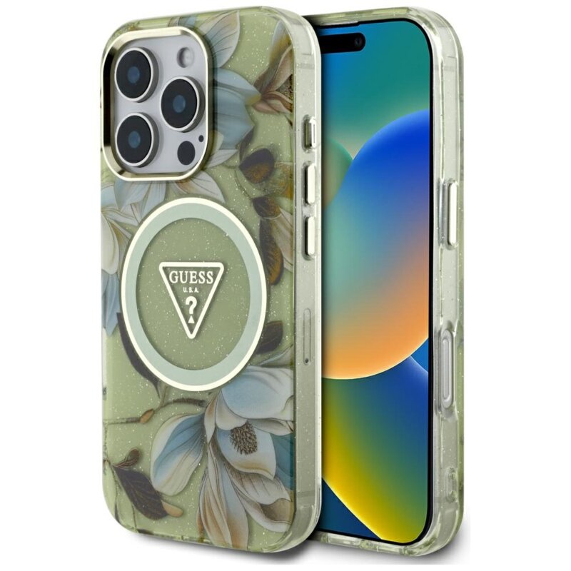 Husa iPhone 16 Pro Max originala Guess IML Metal Glitter Flowers Triangle MagSafe, verde, GUHMP16XHFLPEDN