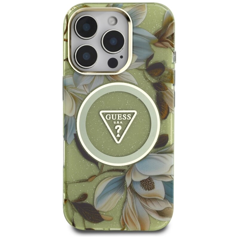 Husa iPhone 16 Pro Max originala Guess IML Metal Glitter Flowers Triangle MagSafe, verde, GUHMP16XHFLPEDN