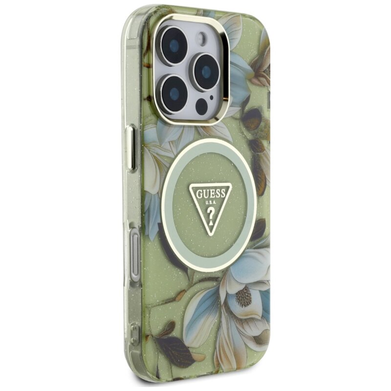 Husa iPhone 16 Pro Max originala Guess IML Metal Glitter Flowers Triangle MagSafe, verde, GUHMP16XHFLPEDN