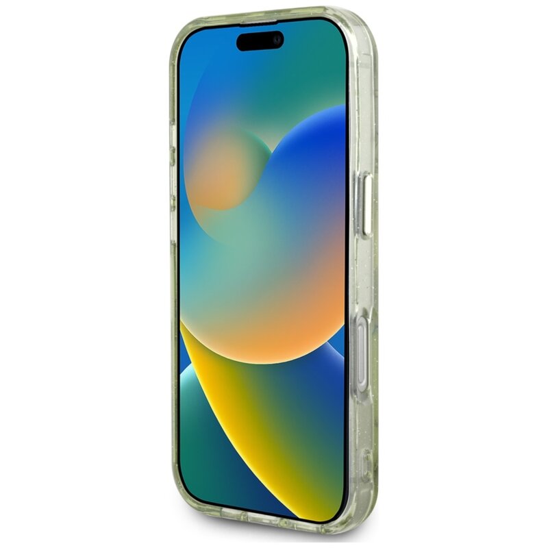 Husa iPhone 16 Pro Max originala Guess IML Metal Glitter Flowers Triangle MagSafe, verde, GUHMP16XHFLPEDN