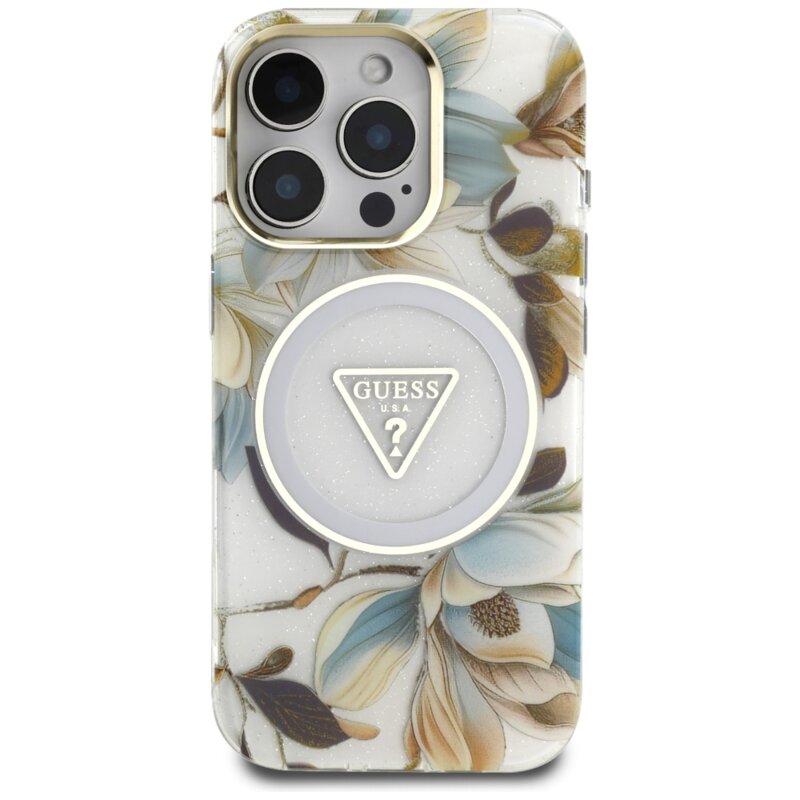 Husa iPhone 16 Pro Max originala Guess IML Metal Glitter Flowers Triangle MagSafe, alb, GUHMP16XHFLPEDH