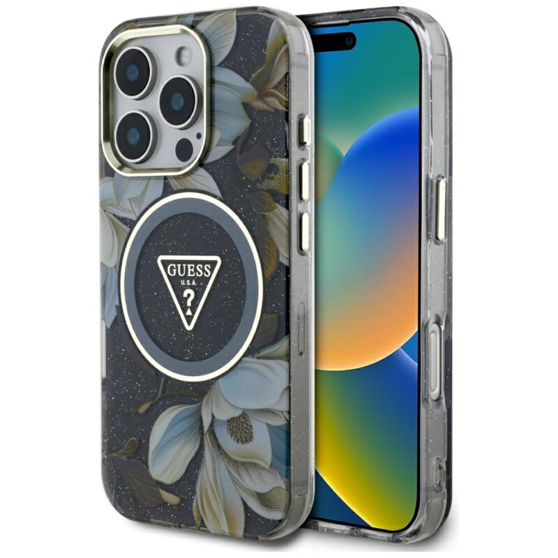 Husa iPhone 16 Pro Max originala Guess IML Metal Glitter Flowers Triangle MagSafe, negru, GUHMP16XHFLPEDK