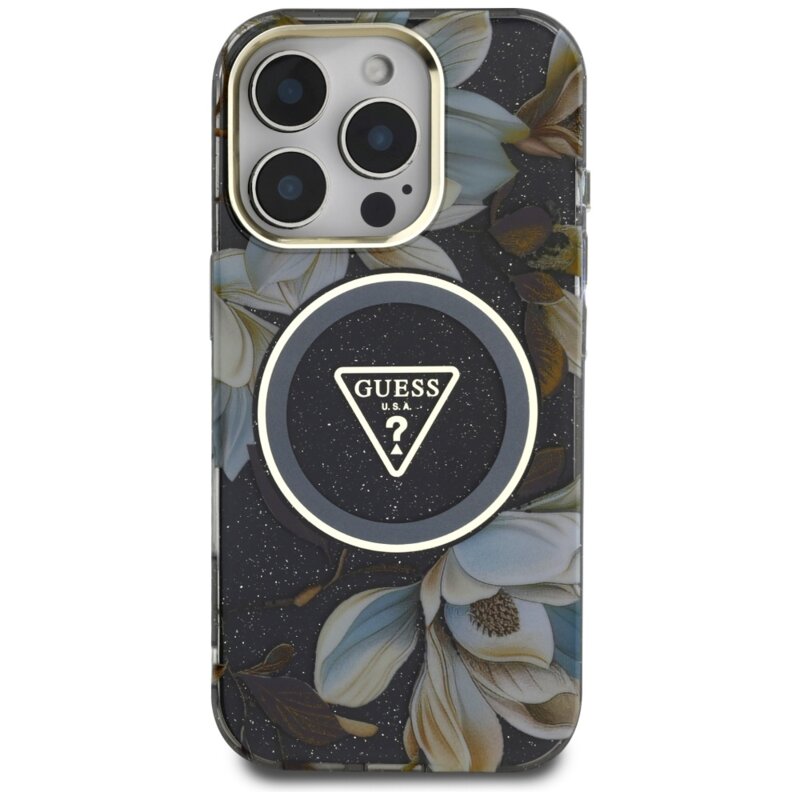 Husa iPhone 16 Pro Max originala Guess IML Metal Glitter Flowers Triangle MagSafe, negru, GUHMP16XHFLPEDK