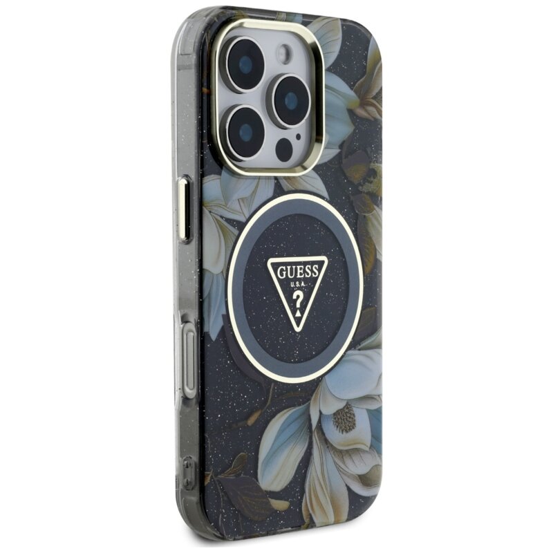 Husa iPhone 16 Pro Max originala Guess IML Metal Glitter Flowers Triangle MagSafe, negru, GUHMP16XHFLPEDK