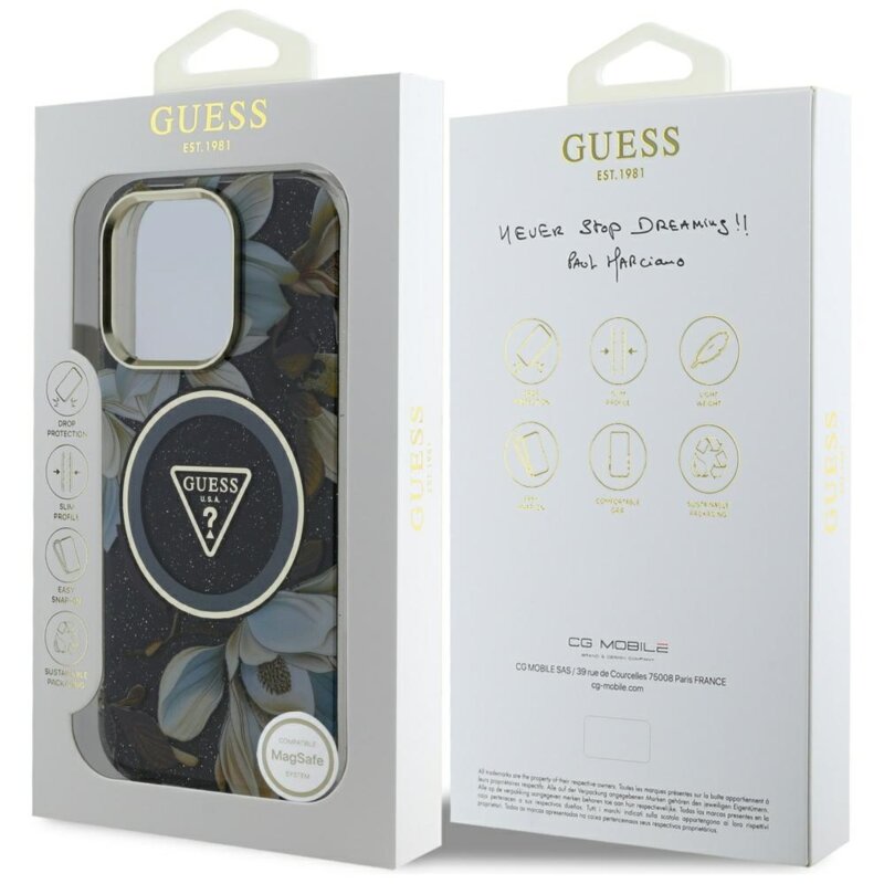 Husa iPhone 16 Pro Max originala Guess IML Metal Glitter Flowers Triangle MagSafe, negru, GUHMP16XHFLPEDK