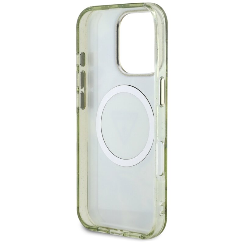 Husa iPhone 16 Pro originala Guess IML Metal Glitter Flowers Triangle MagSafe, verde, GUHMP16LHFLPEDN