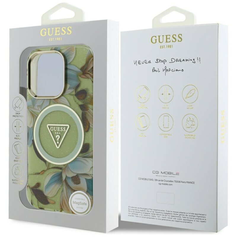 Husa iPhone 16 Pro originala Guess IML Metal Glitter Flowers Triangle MagSafe, verde, GUHMP16LHFLPEDN