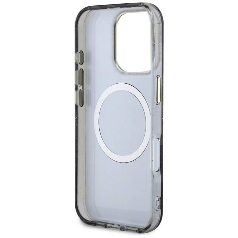 Husa iPhone 16 Pro originala Guess IML Metal Glitter Flowers Triangle MagSafe, negru, GUHMP16LHFLPEDK