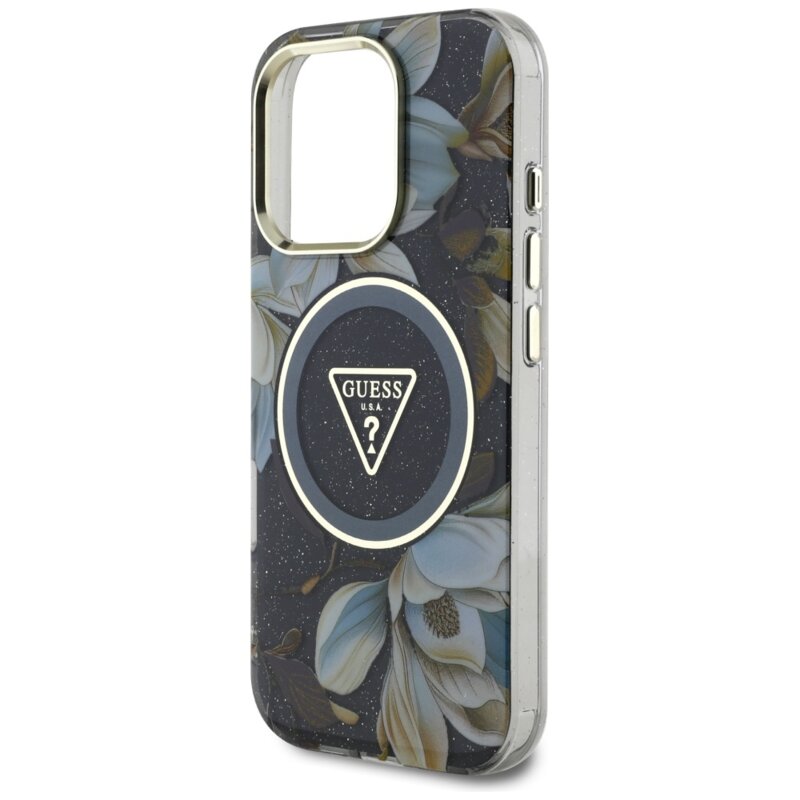 Husa iPhone 16 Pro originala Guess IML Metal Glitter Flowers Triangle MagSafe, negru, GUHMP16LHFLPEDK