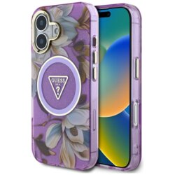 Husa iPhone 16 originala Guess IML Metal Glitter Flowers Triangle MagSafe, mov, GUHMP16SHFLPEDU