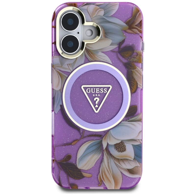 Husa iPhone 16 originala Guess IML Metal Glitter Flowers Triangle MagSafe, mov, GUHMP16SHFLPEDU