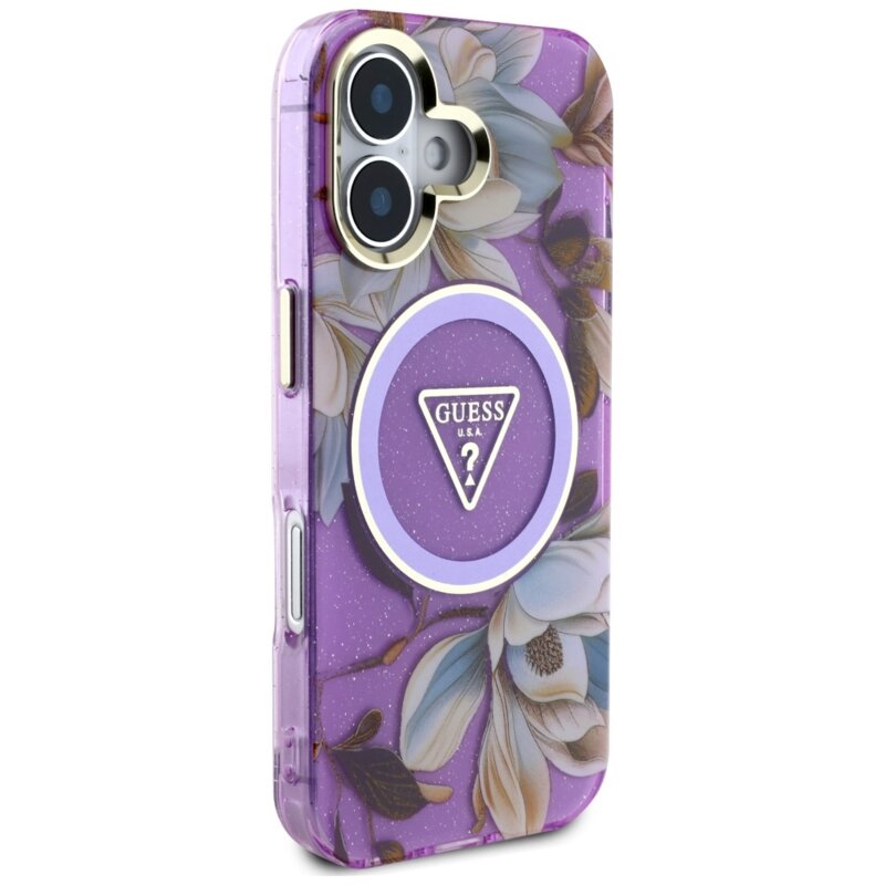 Husa iPhone 16 originala Guess IML Metal Glitter Flowers Triangle MagSafe, mov, GUHMP16SHFLPEDU