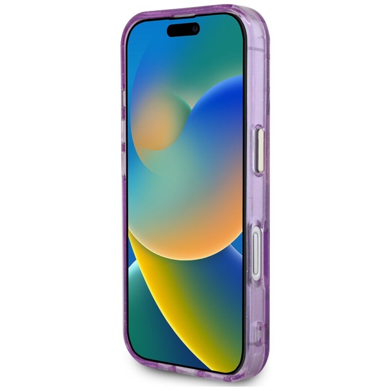 Husa iPhone 16 originala Guess IML Metal Glitter Flowers Triangle MagSafe, mov, GUHMP16SHFLPEDU