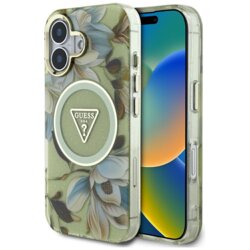 Husa iPhone 16 originala Guess IML Metal Glitter Flowers Triangle MagSafe, verde, GUHMP16SHFLPEDN