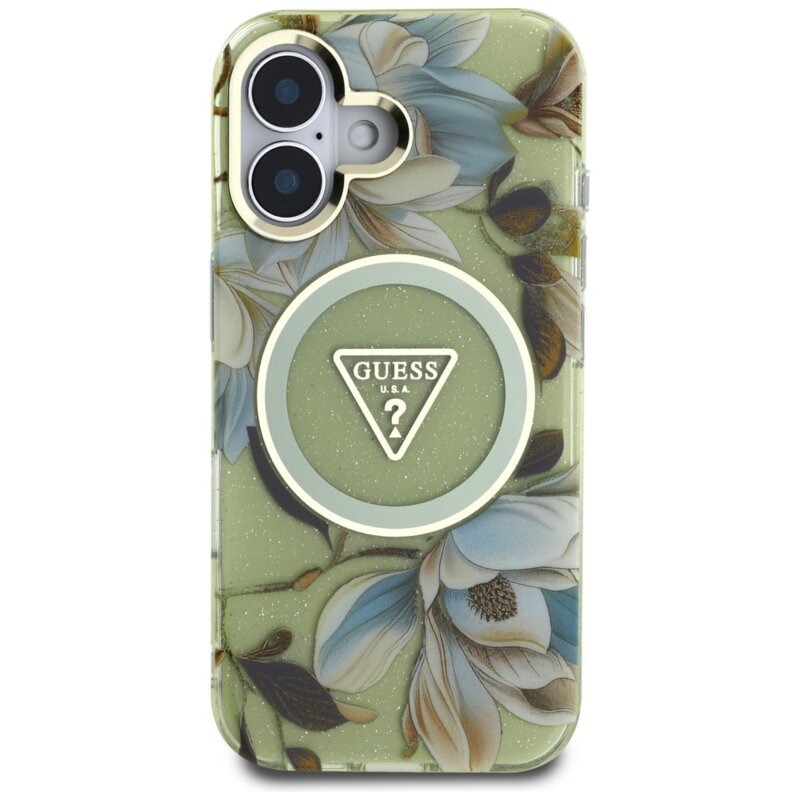Husa iPhone 16 originala Guess IML Metal Glitter Flowers Triangle MagSafe, verde, GUHMP16SHFLPEDN