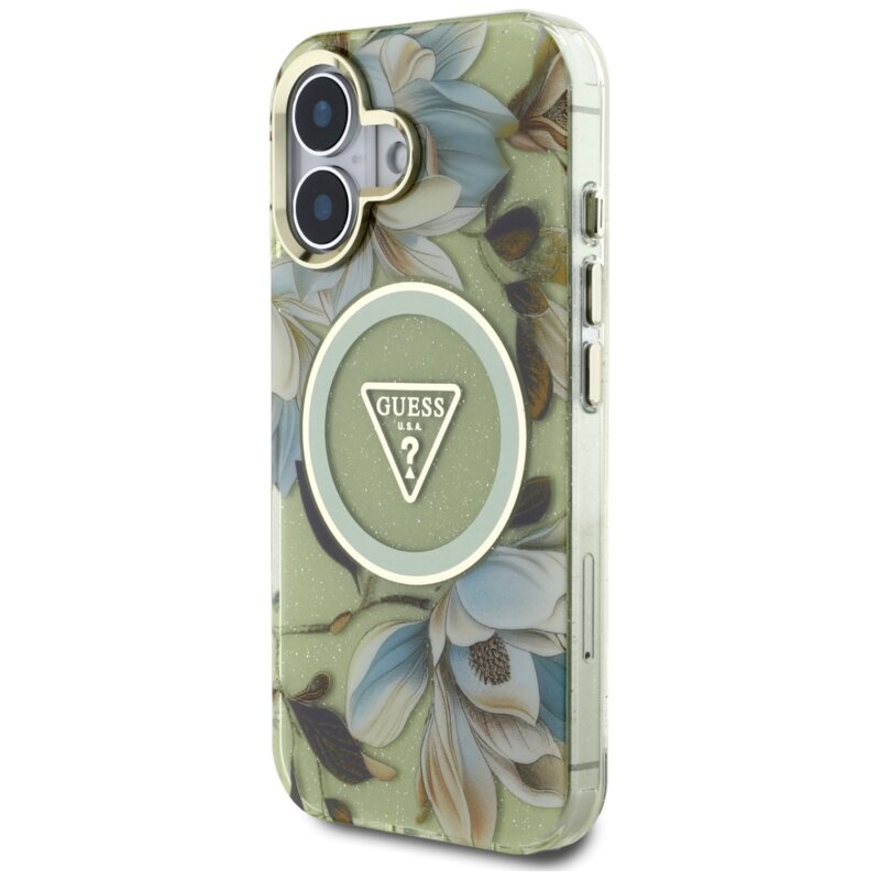 Husa iPhone 16 originala Guess IML Metal Glitter Flowers Triangle MagSafe, verde, GUHMP16SHFLPEDN