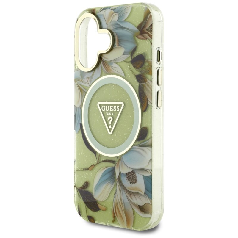 Husa iPhone 16 originala Guess IML Metal Glitter Flowers Triangle MagSafe, verde, GUHMP16SHFLPEDN
