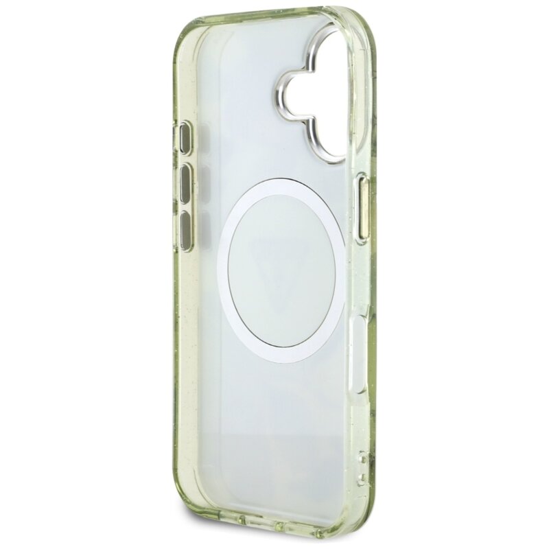 Husa iPhone 16 originala Guess IML Metal Glitter Flowers Triangle MagSafe, verde, GUHMP16SHFLPEDN
