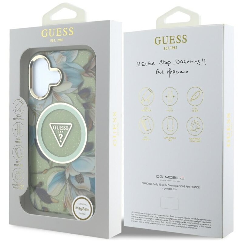 Husa iPhone 16 originala Guess IML Metal Glitter Flowers Triangle MagSafe, verde, GUHMP16SHFLPEDN