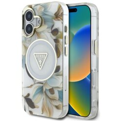 Husa iPhone 16 originala Guess IML Metal Glitter Flowers Triangle MagSafe, alb, GUHMP16SHFLPEDH