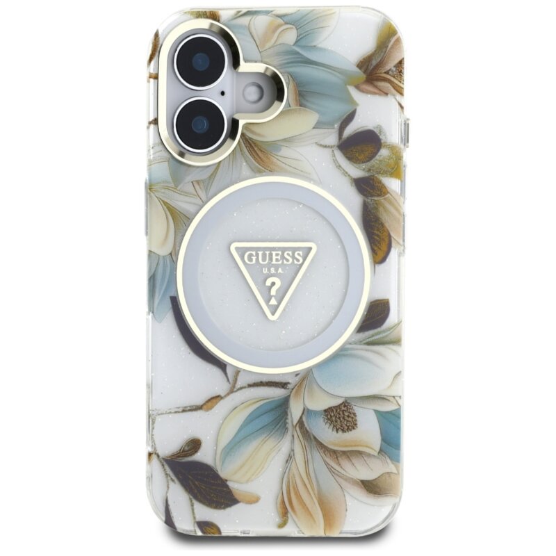 Husa iPhone 16 originala Guess IML Metal Glitter Flowers Triangle MagSafe, alb, GUHMP16SHFLPEDH