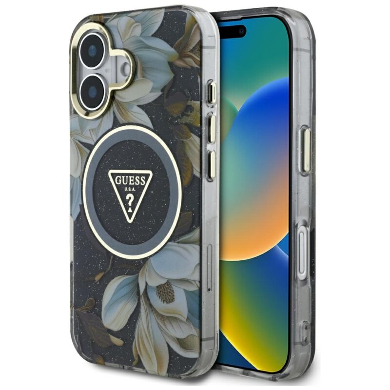 Husa iPhone 16 originala Guess IML Metal Glitter Flowers Triangle MagSafe, negru, GUHMP16SHFLPEDK