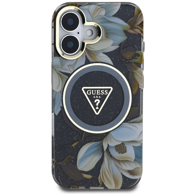 Husa iPhone 16 originala Guess IML Metal Glitter Flowers Triangle MagSafe, negru, GUHMP16SHFLPEDK