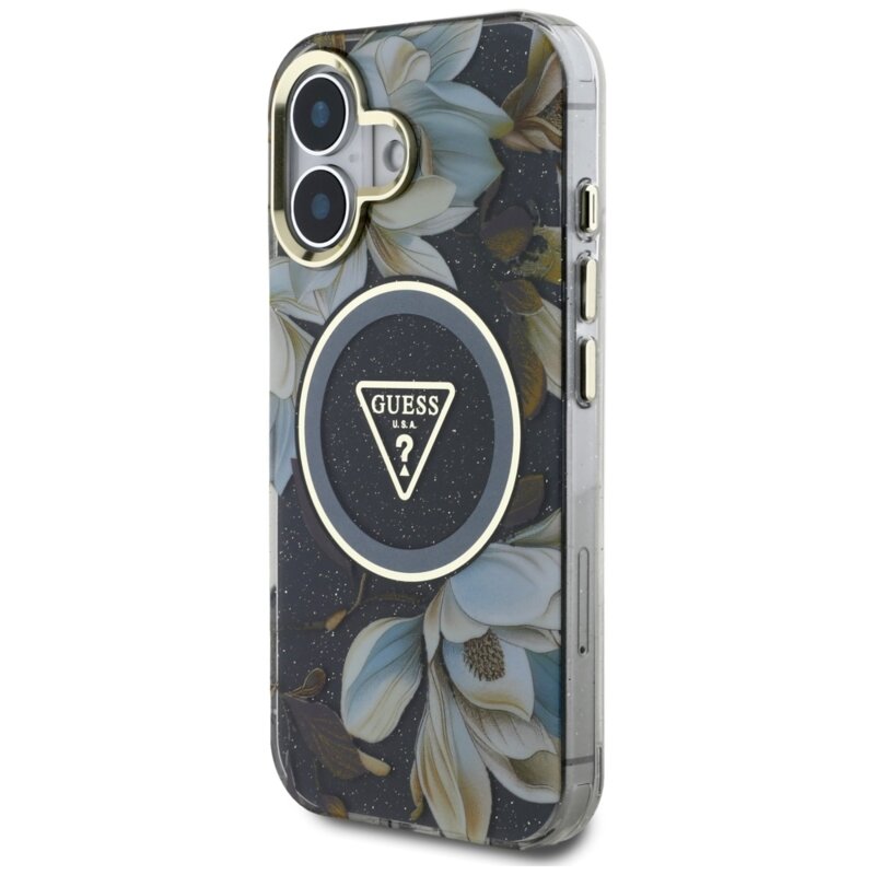 Husa iPhone 16 originala Guess IML Metal Glitter Flowers Triangle MagSafe, negru, GUHMP16SHFLPEDK