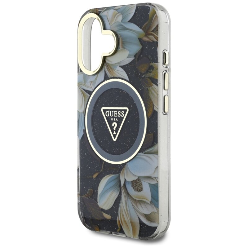 Husa iPhone 16 originala Guess IML Metal Glitter Flowers Triangle MagSafe, negru, GUHMP16SHFLPEDK