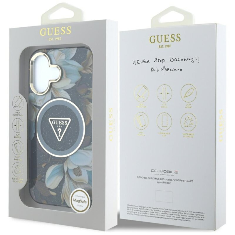 Husa iPhone 16 originala Guess IML Metal Glitter Flowers Triangle MagSafe, negru, GUHMP16SHFLPEDK