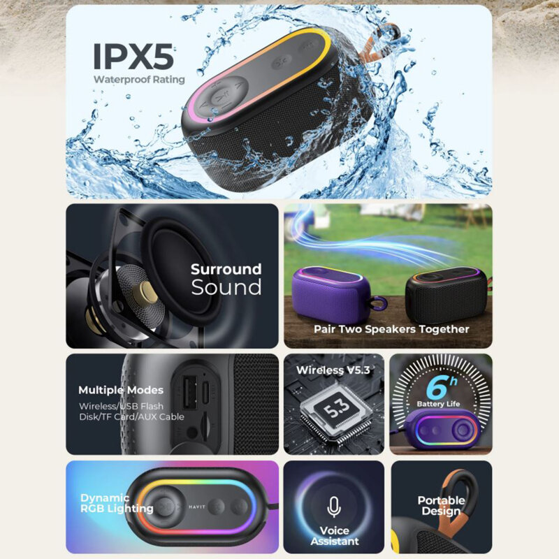 Boxa wireless portabila Bluetooth 5.3 RGB Havit, SK809BT, violet