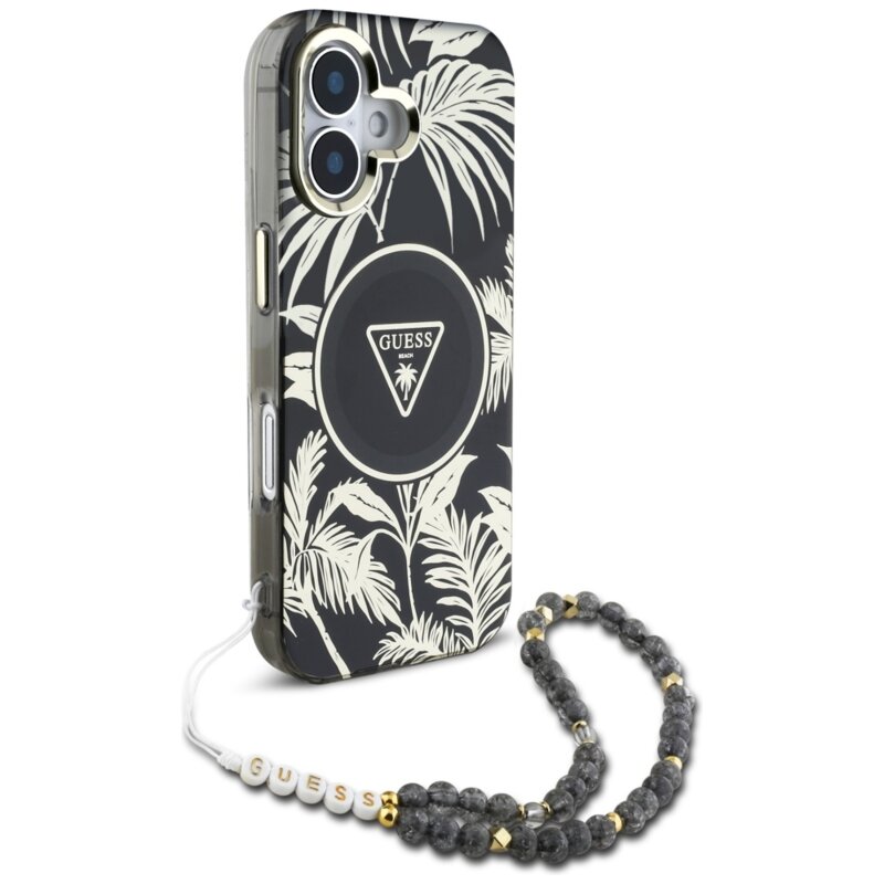 Husa iPhone 16 originala Guess IML Palm Trees Triangle with Pearl Strap MagSafe, negru, GUHMP16SHPCTPLSK